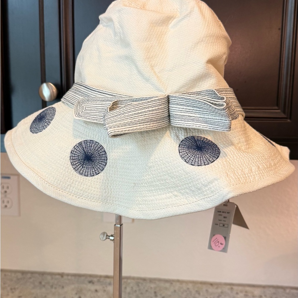 Women's Cream Sun Hat with Navy Dot Embroidery and Striped Bow